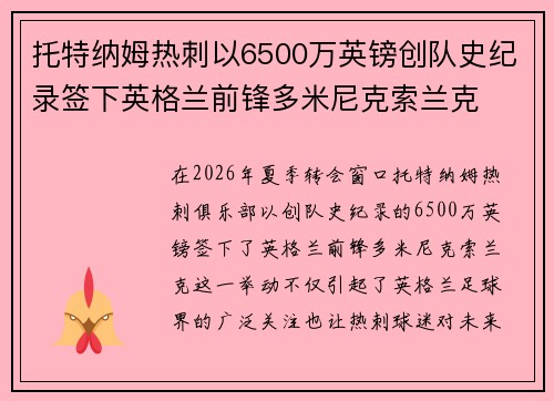 托特纳姆热刺以6500万英镑创队史纪录签下英格兰前锋多米尼克索兰克