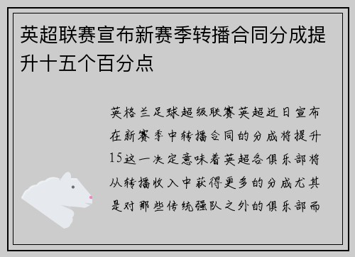 英超联赛宣布新赛季转播合同分成提升十五个百分点
